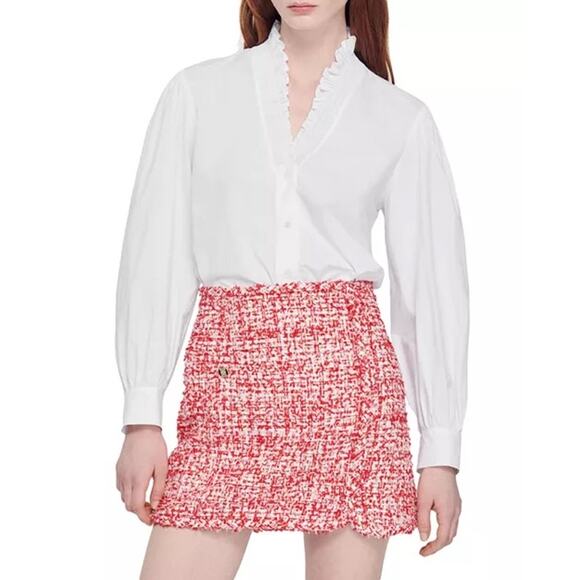 Sandro Paris Red White Tweed Mini Skirt FR 42 US 10 Boucle Festive Workwear - Picture 1 of 11